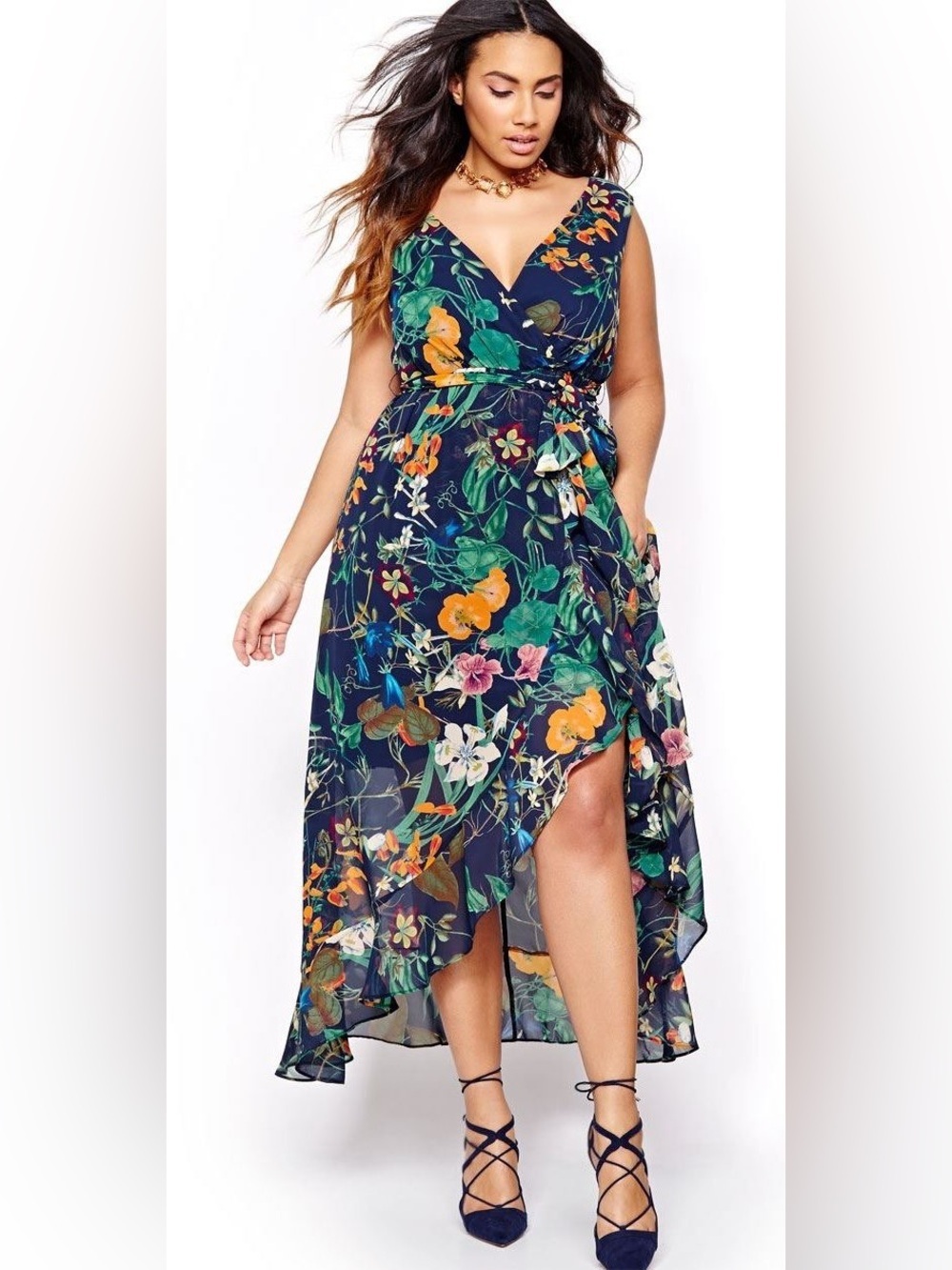 Dress barn Floral High Low Faux Wrap Maxi Dress Navy Blue Sleeveless Belted SZ 8